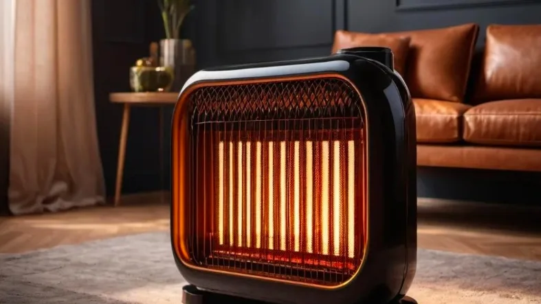 A glowing electric radiant heater in a living room in front of a leather sofa