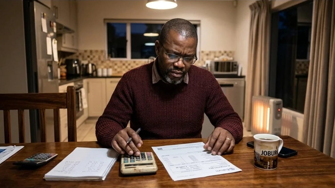 A man at a kitchen table at night, checking an electricity bill with a calculator