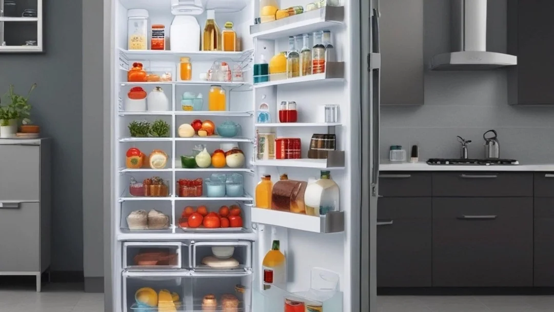 An open, well-stocked fridge in a modern kitchen