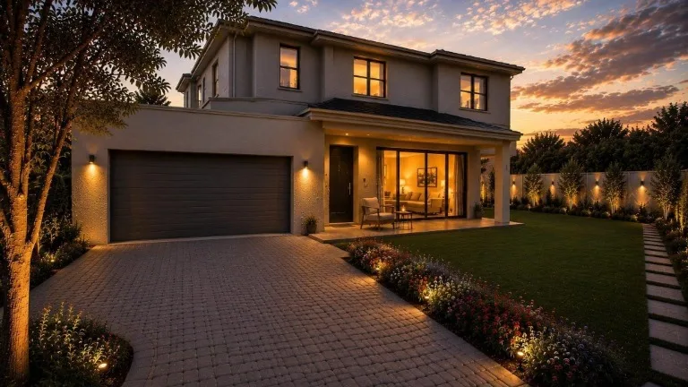A modern two-storey home at dusk with warm lights glowing in the windows, garden and driveway